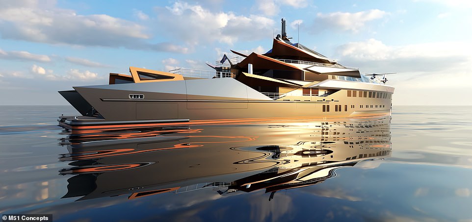 Lava-ly! The superyacht that’s inspired by a VOLCANO with sharp orange decks and lava-themed stairs