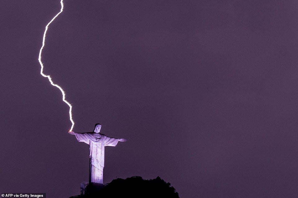 Rio’s famous Christ the Redeemer statue appears to hold a lightning bolt in its hand 