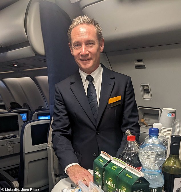 Undercover boss! Lufthansa CEO works as economy and business class cabin crew on a flight – and finds the experience ‘challenging’