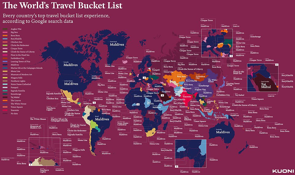 What the world wants on its bucket list: Fascinating map reveals every country’s dream experience – and it’s visiting the Maldives that’s No.1 overall