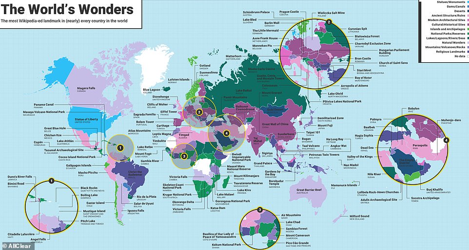 What the world wants to VISIT: Fascinating map shows the most popular landmarks in (almost) every country, from Stonehenge to the Statue of Liberty