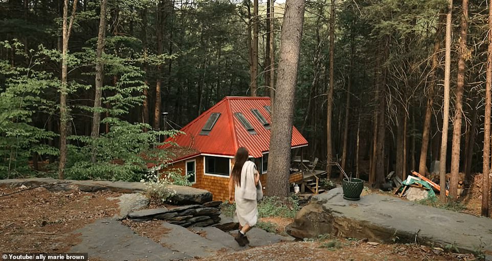 Woman, 25, ditches her corporate job to move to a remote off-grid cabin in New England forest – where she forages for food, drinks TREE SAP, and bathes NAKED in freezing rivers