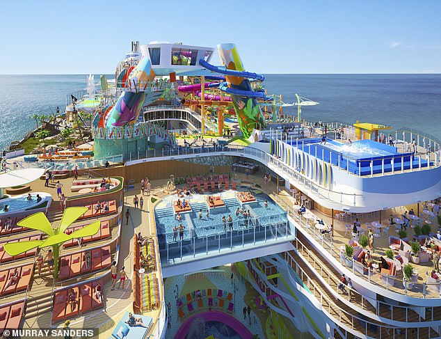 With 20 decks, over 40 restaurants, bars and lounges, seven pools – and a 55ft waterfall… meet the cruise ship that makes the Titanic look like a tiddler