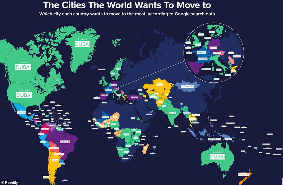 Where the world wants to LIVE: Fascinating map shows how Dubai is the number one city that people around the globe want to move to – followed by Miami and Paris