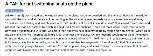 Plane passenger, 45, is applauded for REFUSING to switch to a middle seat so a wife could sit next to her husband (and even her SPOUSE was on his side)