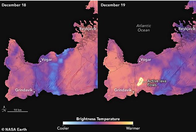 See Iceland’s volcanic eruption from SPACE: NASA satellite capture images before and after the blast – revealing the searing temperatures as lava flows from the fissure