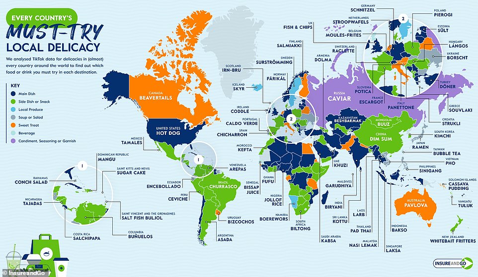 Every country’s must-try food revealed on fascinating world map, from fish and chips in the UK to hot dogs in the U.S and pavlova in Australia