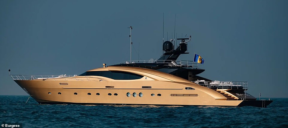 Inside the world’s only superyacht painted in 24-karat GOLD that is available to charter for $120,000 a week – and even the jet skis have a metallic sheen