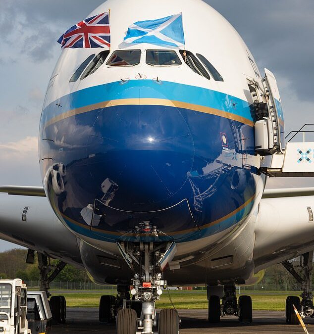 Airbus A380 belonging to new airline that promises ‘a return to the golden age of travel’ touches down at Glasgow Prestwick, marking the first time the airport has welcomed a superjumbo