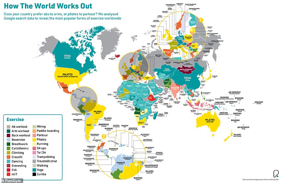 How the world likes to keep fit: Fascinating maps show how dance workouts are the globe’s No.1 type of exercise in 2024, while it’s pilates that’s top in the UK, America and Australia