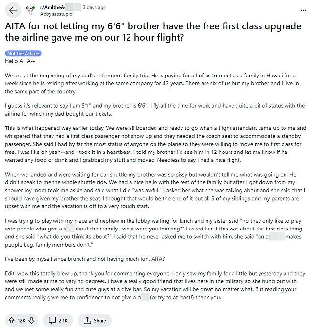 Plane passenger sparks fierce debate after revealing she left her 6ft 6in brother to sit in economy while she accepted a first class upgrade during 12-hour flight
