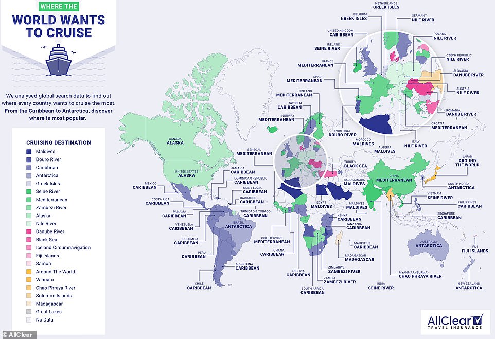 Where the world wants to cruise: Fascinating map reveals that the Caribbean is the globe’s No.1 destination for a trip on a ship (but NOT for Americans… )