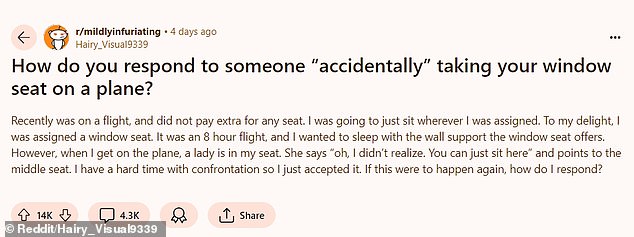 Plane passenger reignites etiquette debate after finding fellow traveler sitting in her assigned window seat