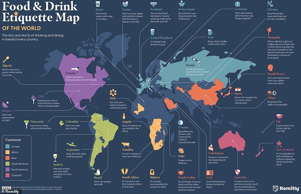 Eating pizza in NYC with cutlery is unforgivable and NEVER drink a milky coffee after 11am in Italy: Fascinating map reveals drinking and dining do’s and don’ts around the world