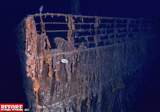 Titanic is COLLAPSING: Shocking before and after photos reveal how a section of the bow has disintegrated – as experts warn the entire ship’s demise is ‘inevitable’